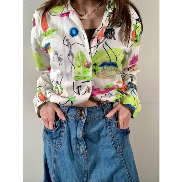 Vintage 90s Keren Hart Colorful AOP Funky Lady Button Down Utility Denim Jacket - Picture 13 of 13